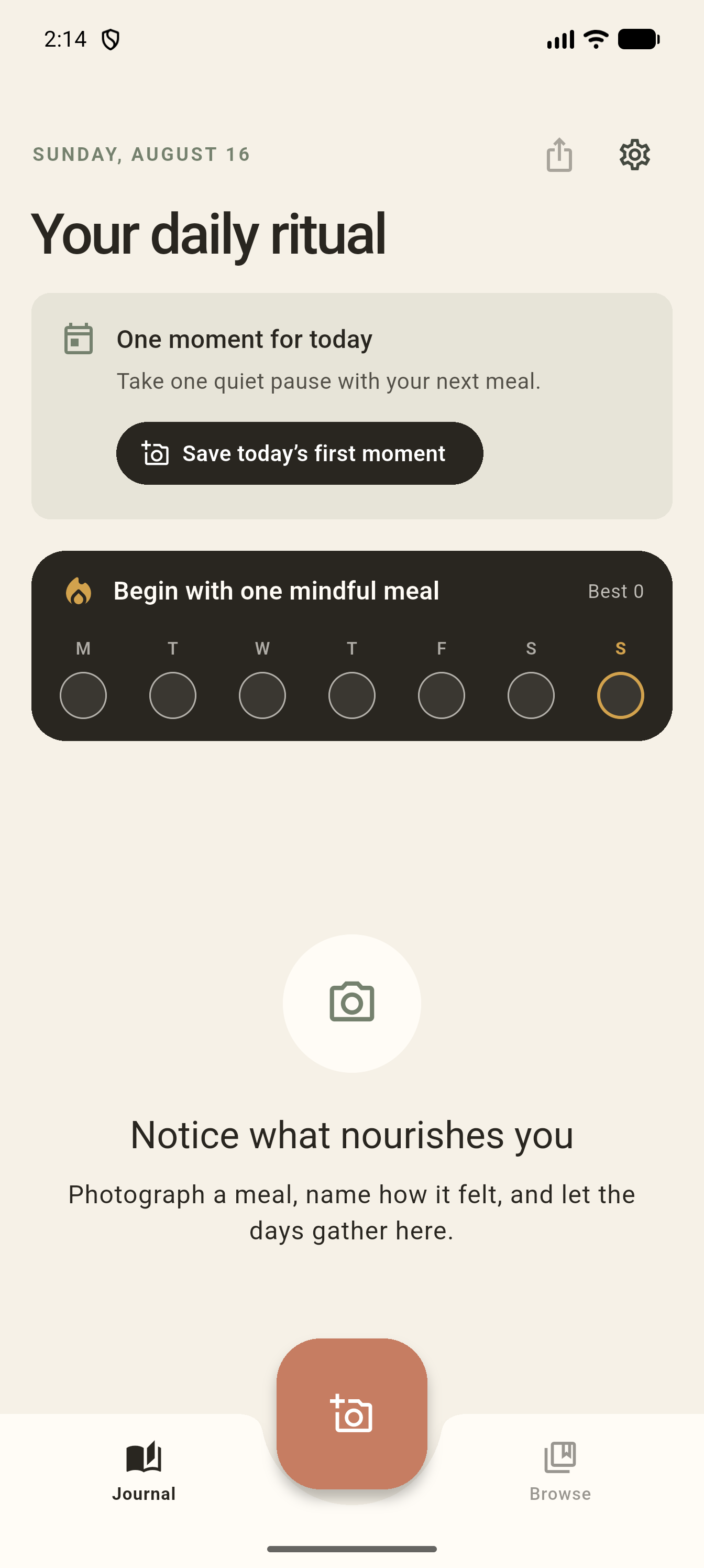 Ritual Today screen with a prominent button to save the day’s first meal moment, a weekly rhythm card, and Journal and Browse navigation