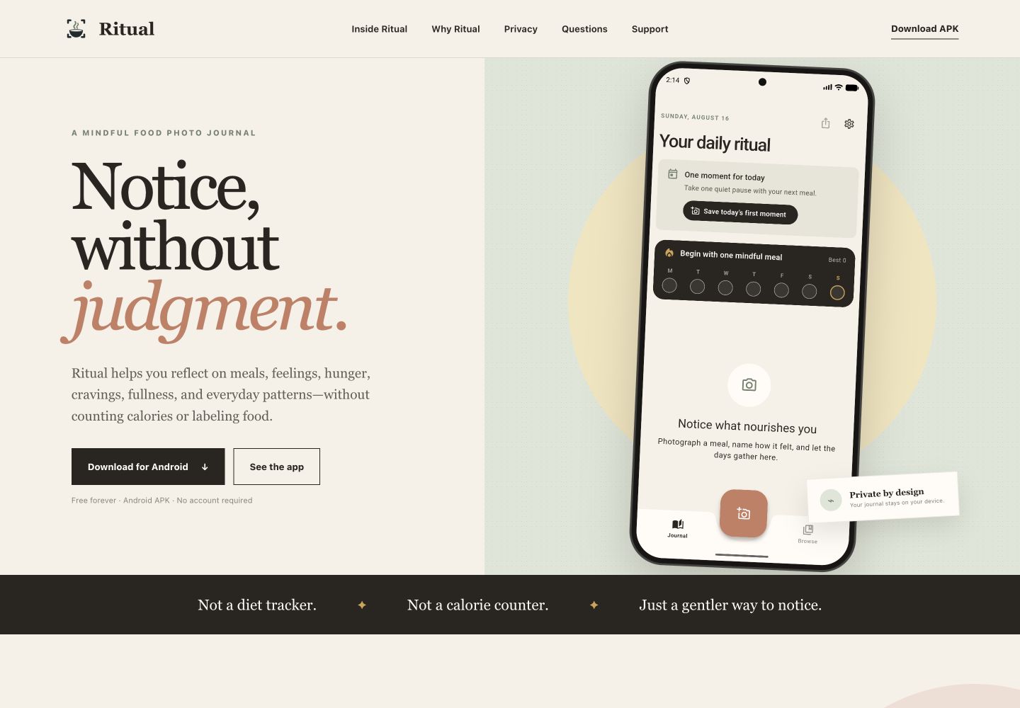 Desktop Ritual landing page with navigation, the headline ‘Notice, without judgment,’ Android download buttons, and a large phone preview of the app